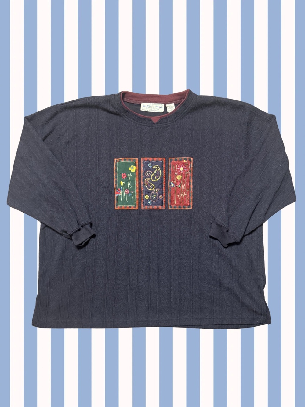 Emerald Isle - Vintage Patch Navy Long Sleeve Shirt with Floral Panels - 2X